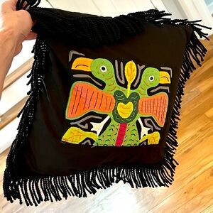 Mola Fringed Pillow, 18”, Traditional Folk-Art, Colombian by Panamanian Guna.